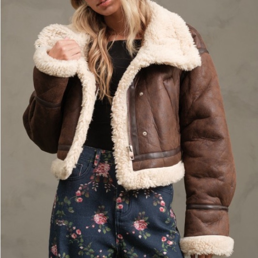Women's Brown Shearling Jacket Sherpa Mustang Biker Jacket